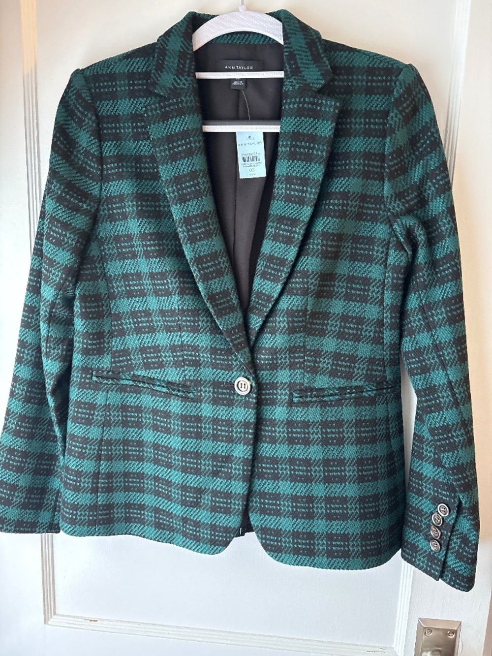 Ann Taylor Black and Green Plaid Single Button Blazer, Sz 00P, NWT
